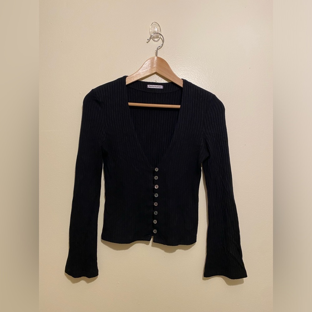 Reformation Gellar Black Ribbed Knit Top. Size S - Picture 3 of 8